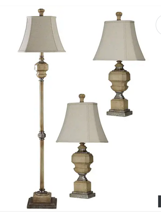 #17 StyleCraft Florentine Antique Caramel Table and Floor Lamp Set - Taupe Softback Fabric Shade (Set of 3)