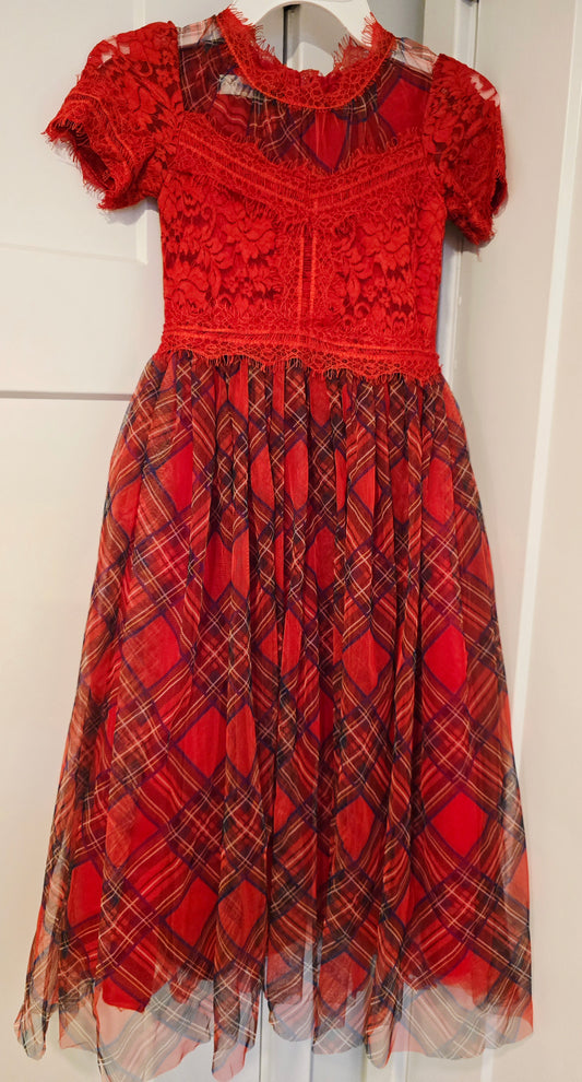 #131 Trish Scully Girls Tartan Red long dress sz 6