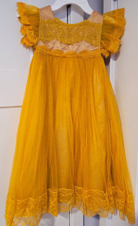 #131 Trish Scully Girls Yellow Lace & Tulle long dress sz 5
