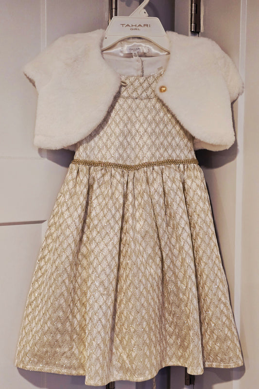 #131 Tahari Girl Gold & Cream dress with faux fur shrug sz 5