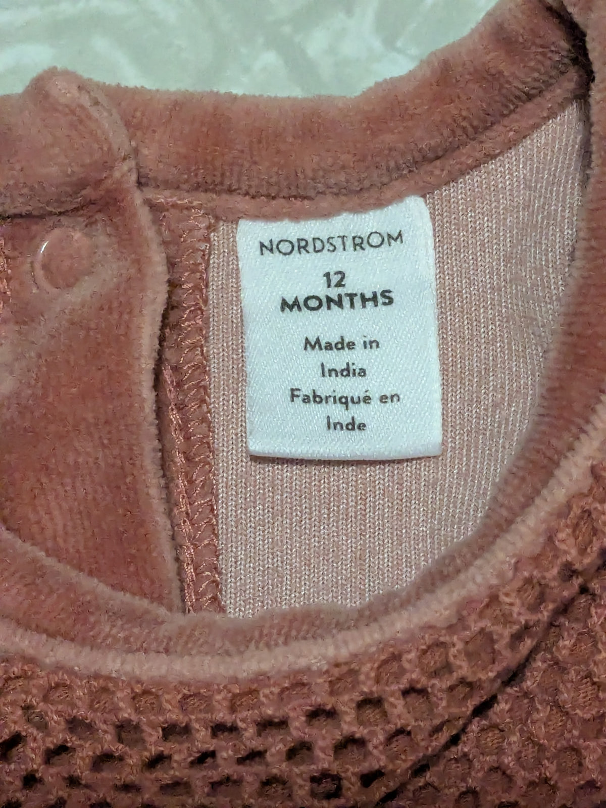 #61 Nordstrom 12mo Dusty Rose One Piece Velour Romper w/ Ruffles & Lace