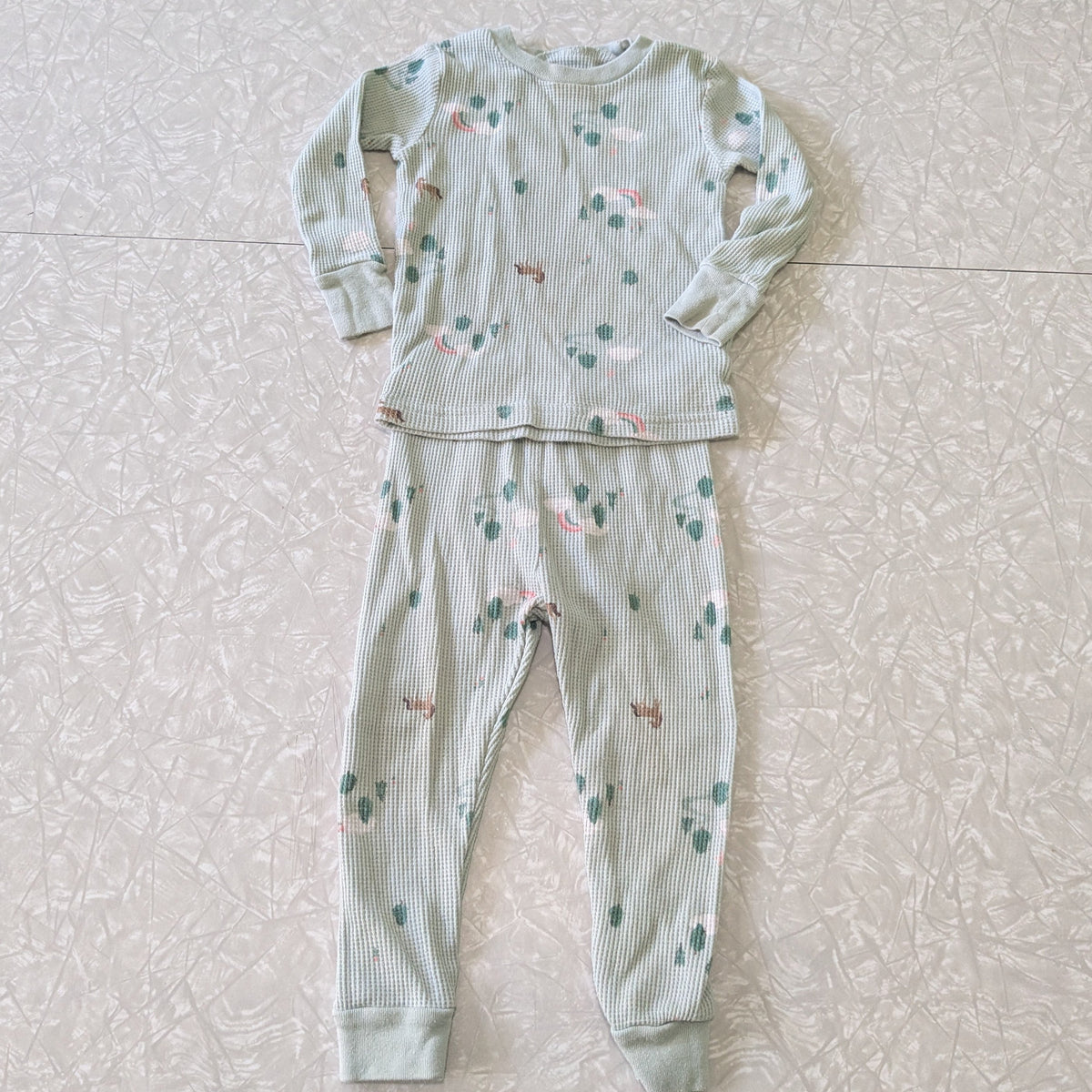 #61 Carter's 18mo Waffle Knit Pale Green Horses Rainbows Trees Pajama Set