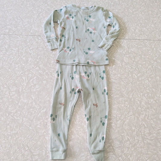 #61 Carter's 18mo Waffle Knit Pale Green Horses Rainbows Trees Pajama Set