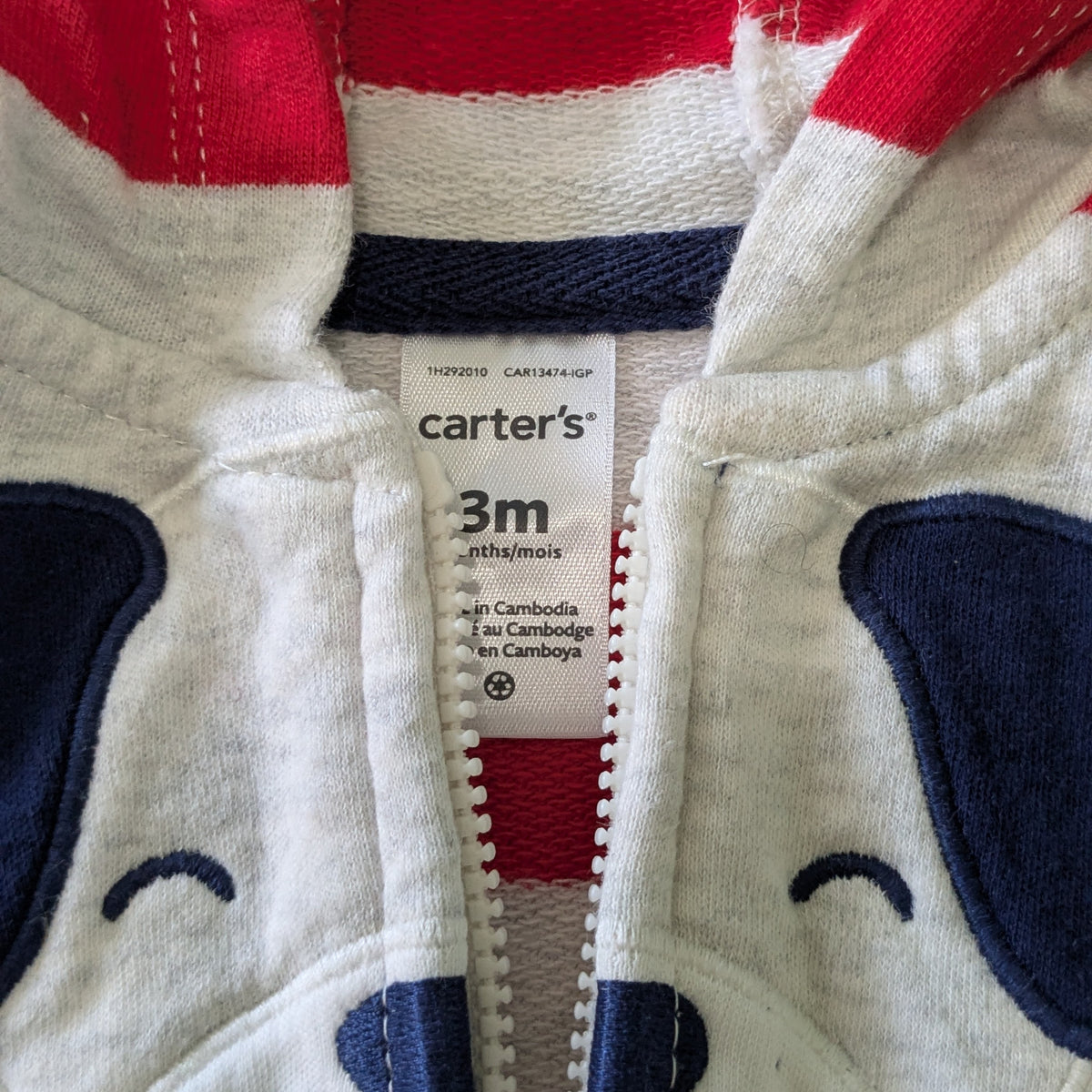#61 Carter's 3mo Red Stripe Dog Full Zip Hoodie