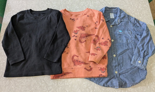 #61 Bundle 3T Shirts - Black Tee, Dino Sweatshirt, Button Down