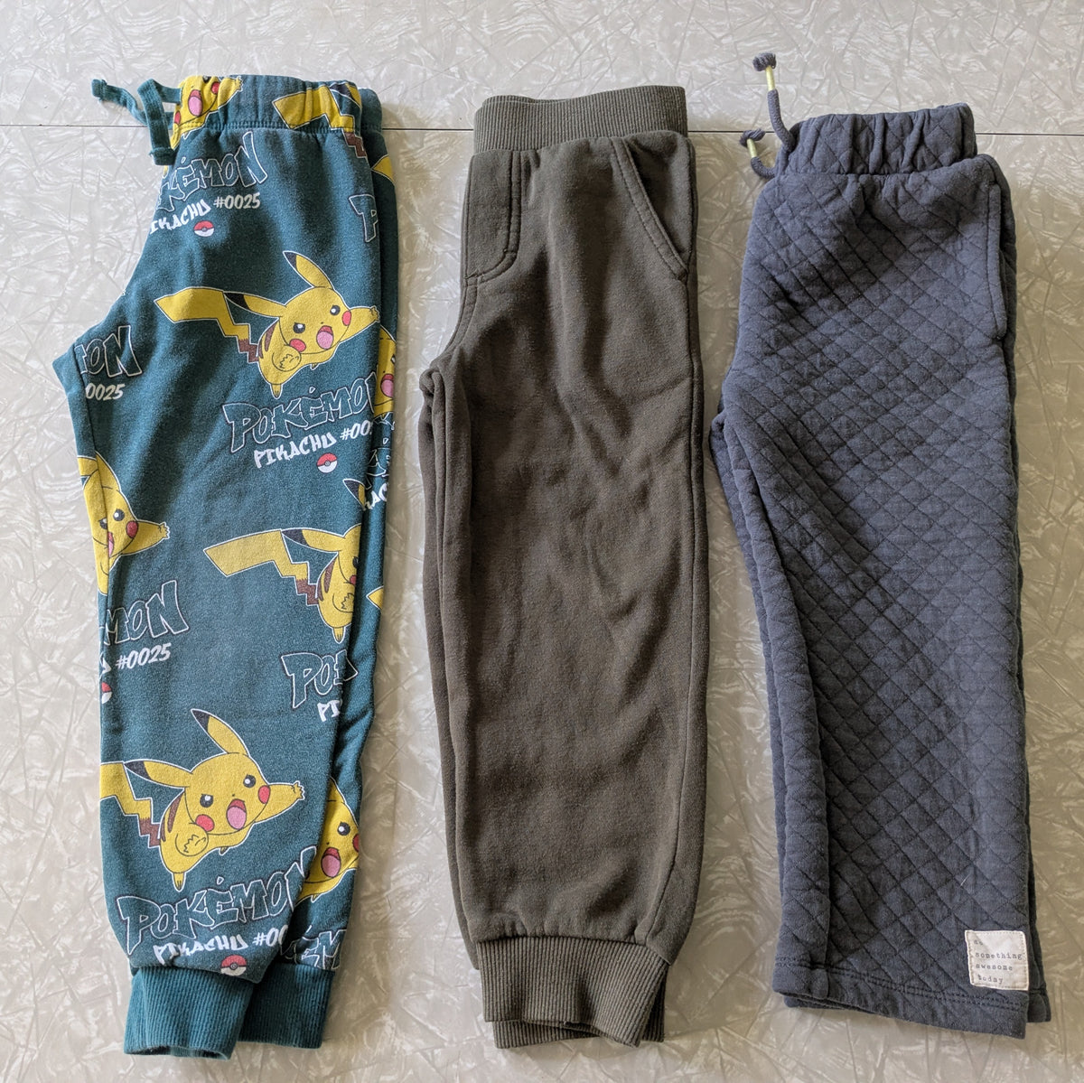 #61 4T Pants Joggers - Pokemon Pikachu, Olive Green, Gray Quilted
