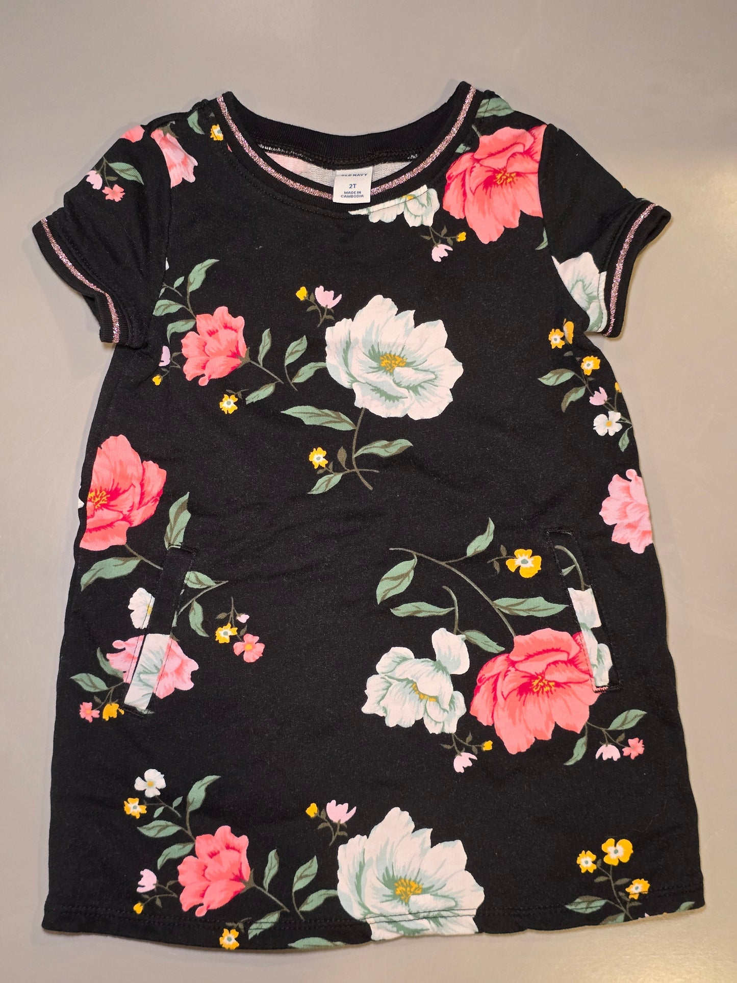 #131 Old Navy black shift dress with flowers girls size 2T