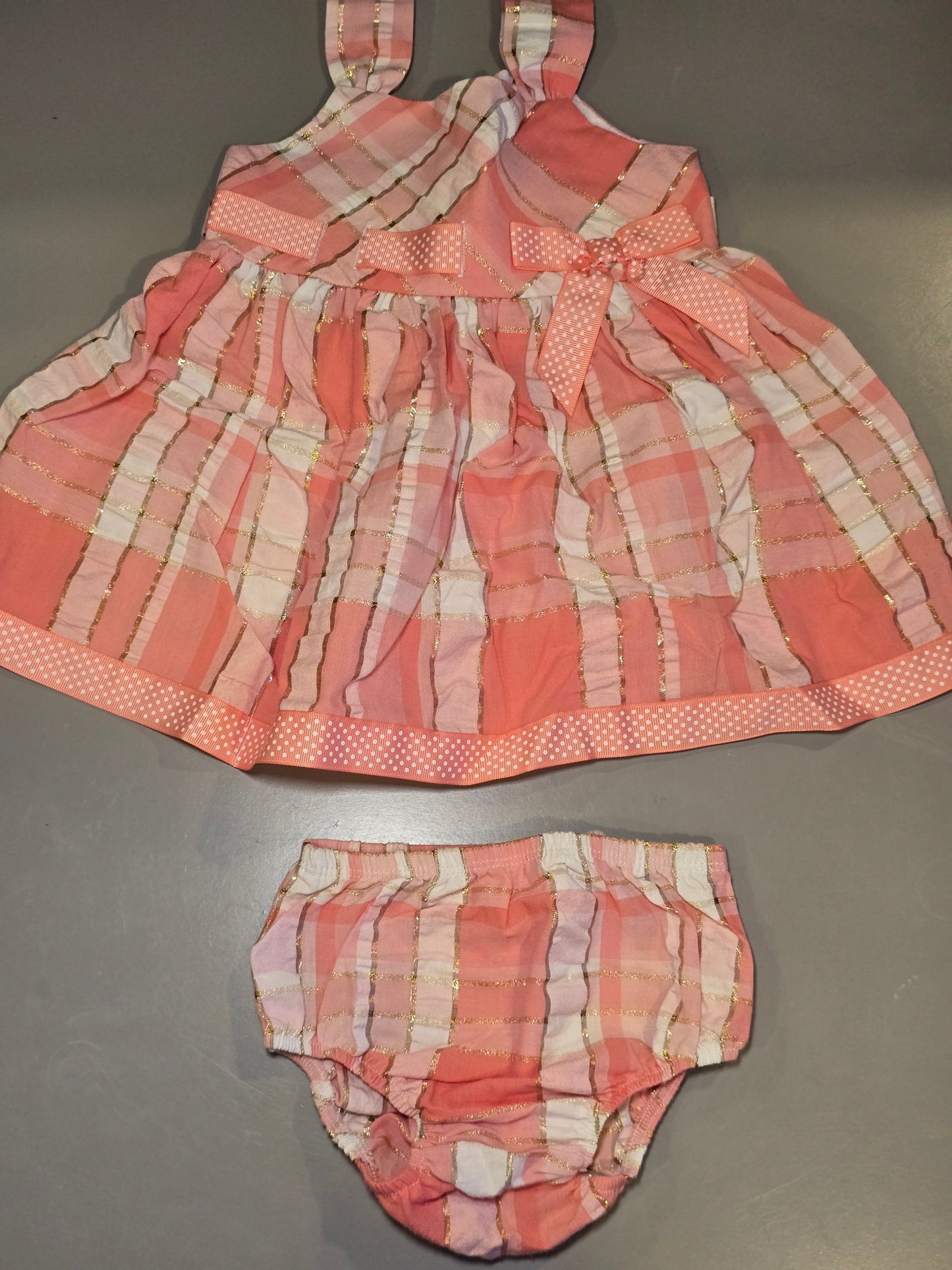 #131 Bonnie Baby pink and gold dress with bloomers girls sz 6-9M
