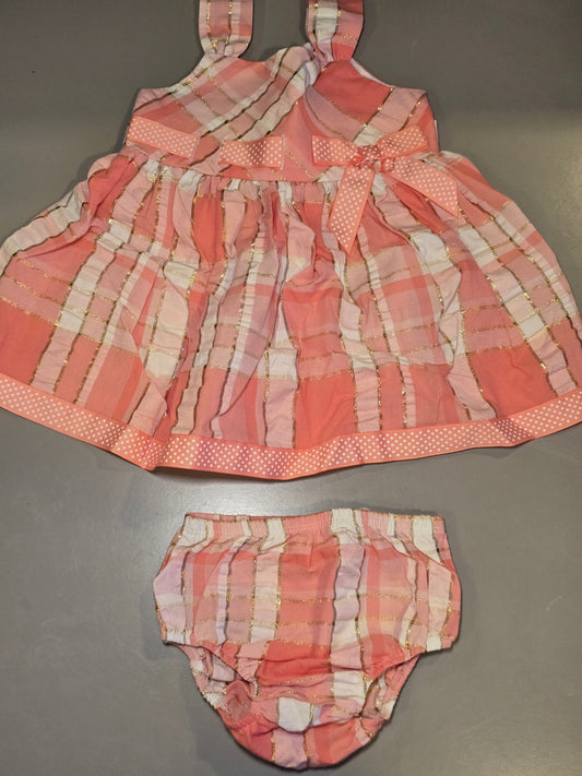 #131 Bonnie Baby pink and gold dress with bloomers girls sz 6-9M