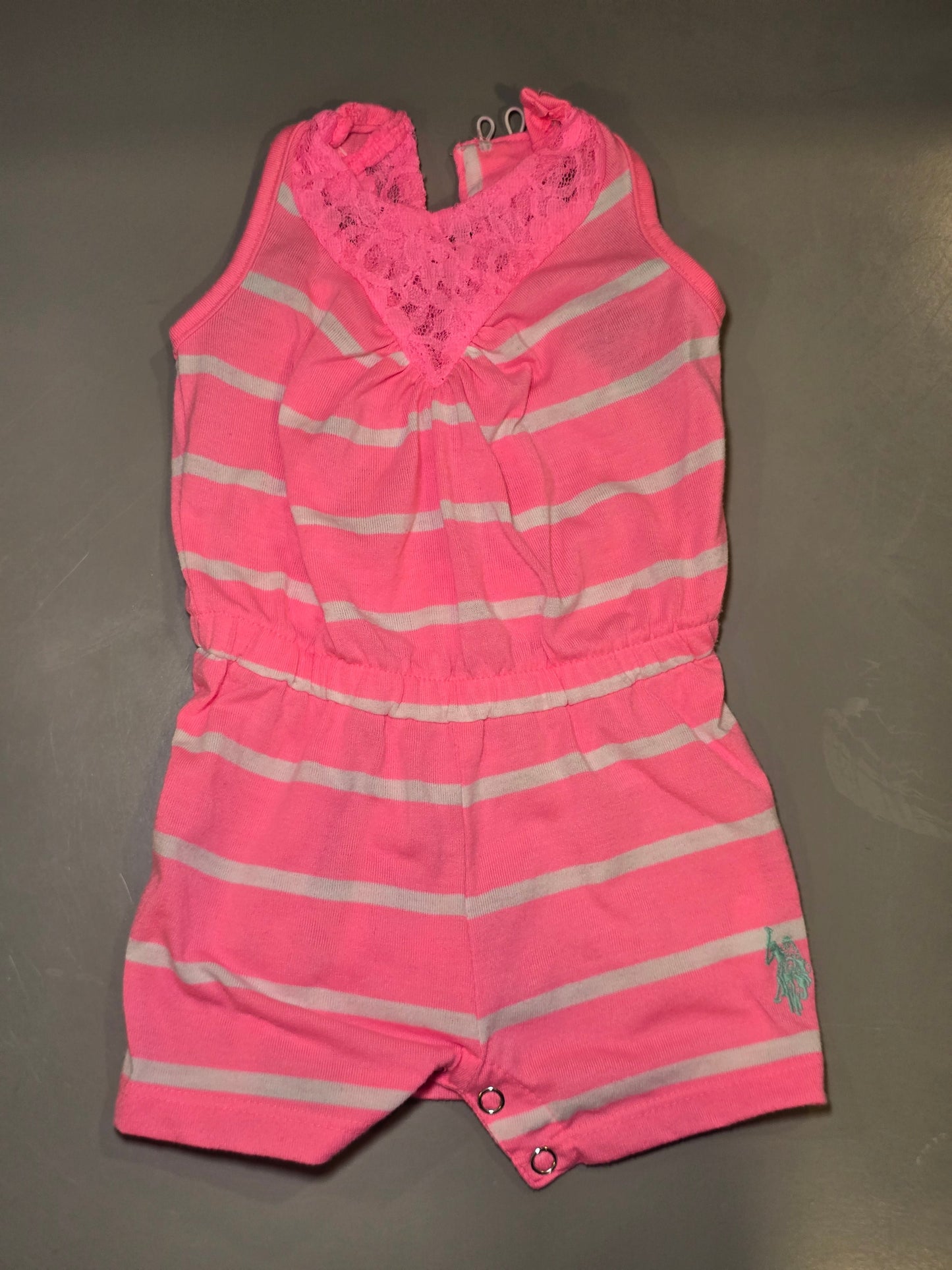 #131 Polo hot pink striped Romper girls sz 3-6M