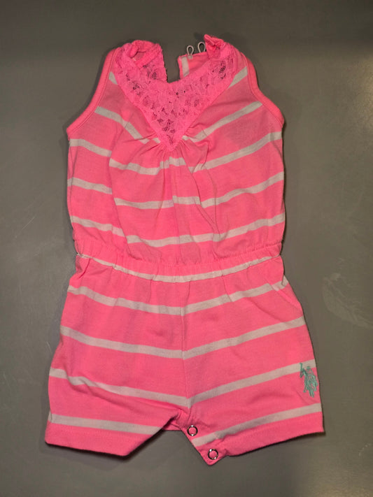 #131 Polo hot pink striped Romper girls sz 3-6M