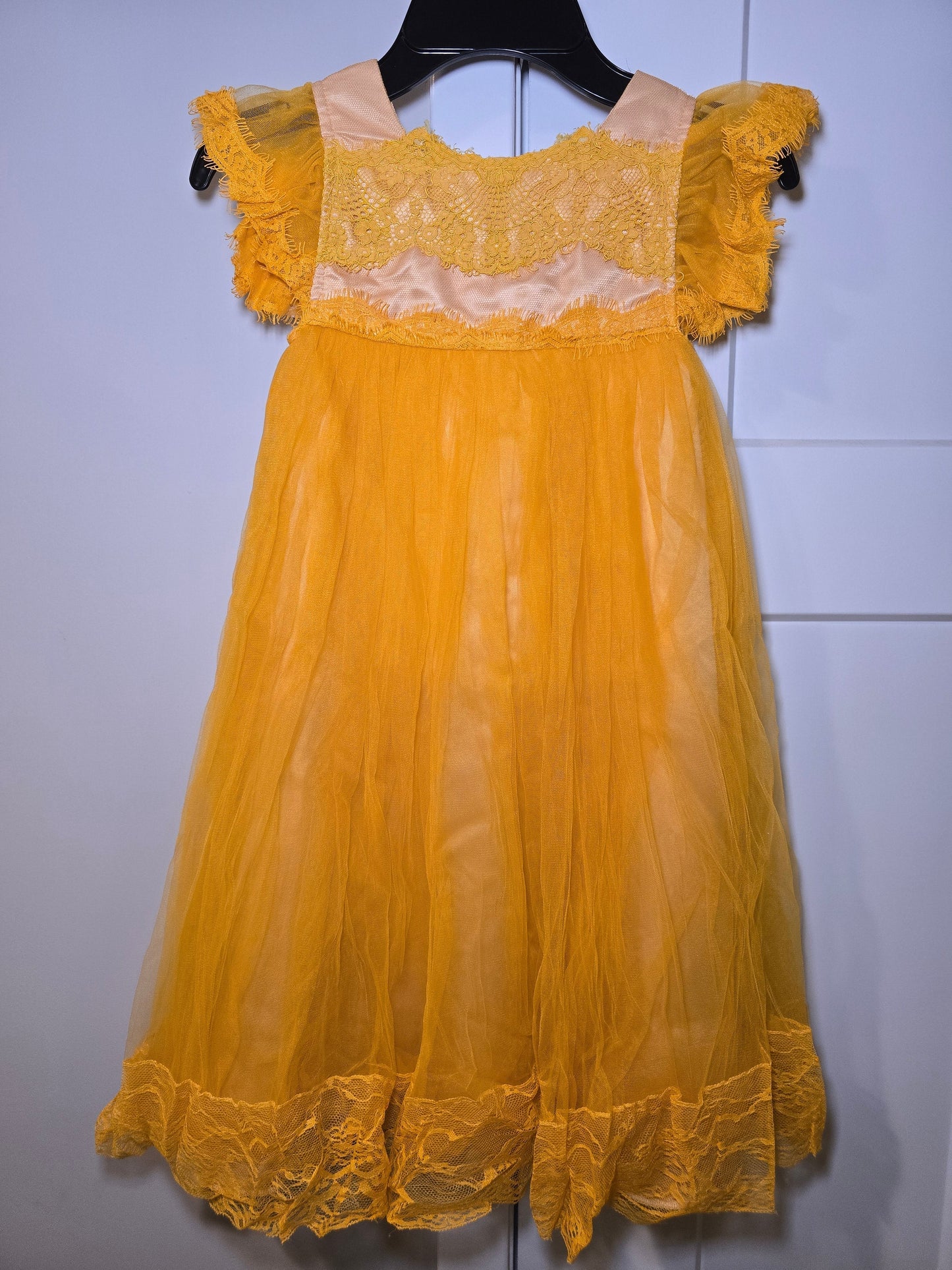 #131 REDUCED Trish Scully Girls Yellow Lace & Tulle long dress sz 5