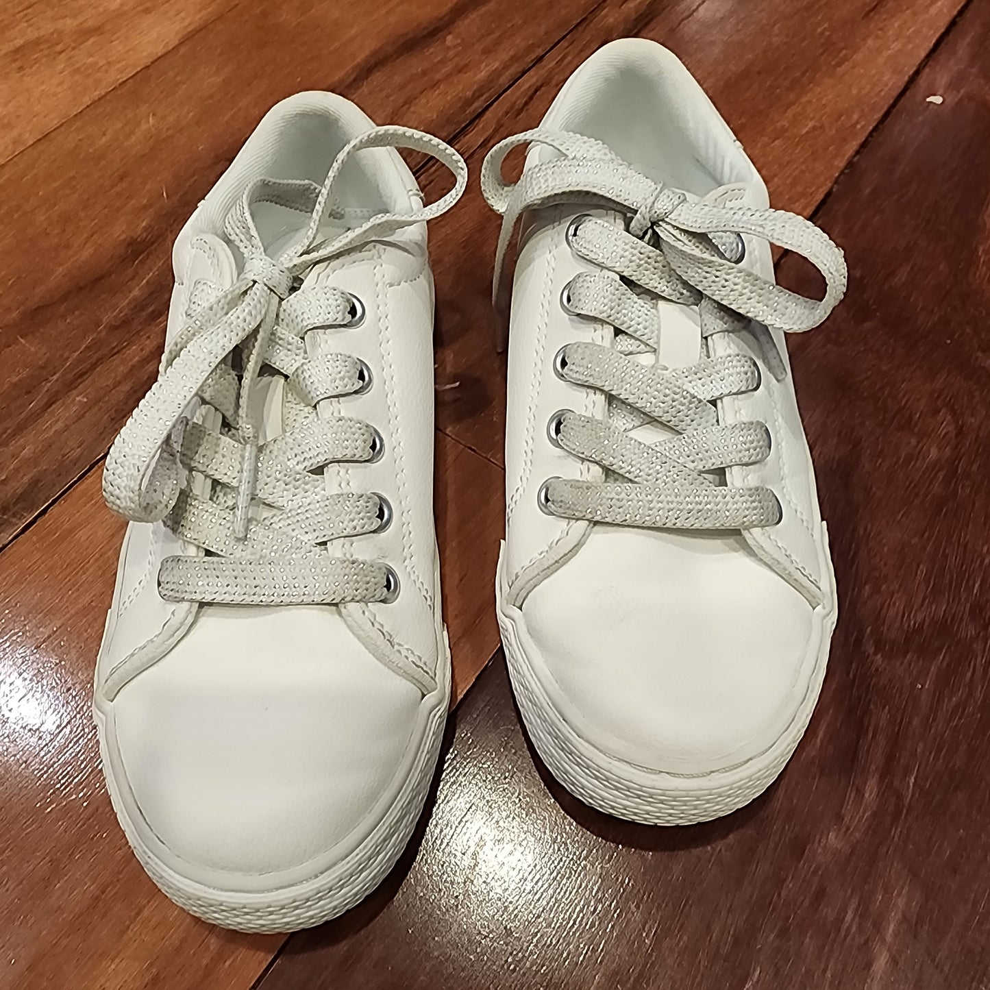 #135 Girls size 12 Childrens Place white gymshoes with silver glitter laces ECU