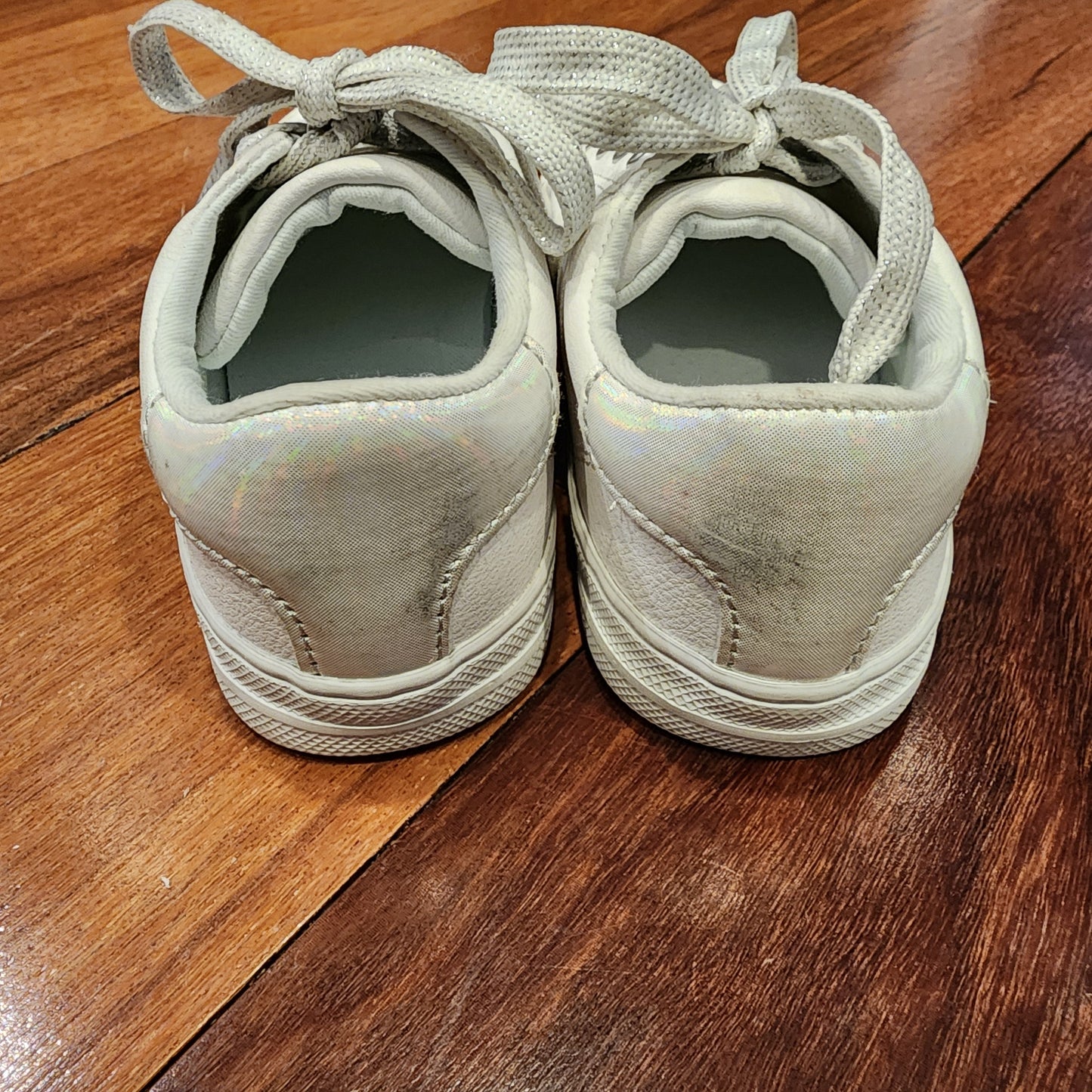 #135 Girls size 12 Childrens Place white gymshoes with silver glitter laces ECU