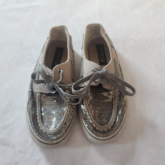 #142 Sperry Topsider Size 1 Bahama Pewter Silver Sequin Boat Shoes