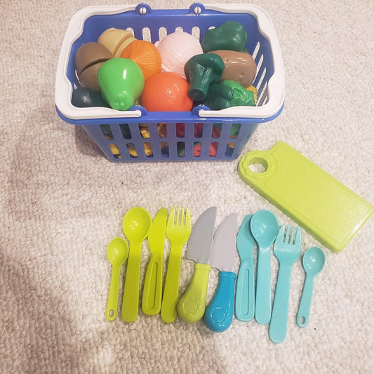 #142 Kids Plastic Play Food, Basket, & Utensils Set