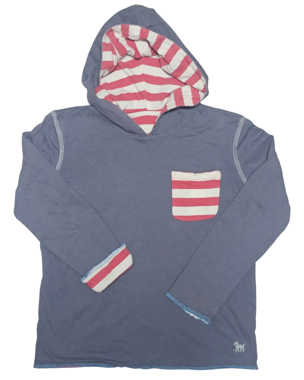 #89 Boys 5-6Y Boden | Reversable long sleeve hooded shirt - grey and red & white stripes EUC
