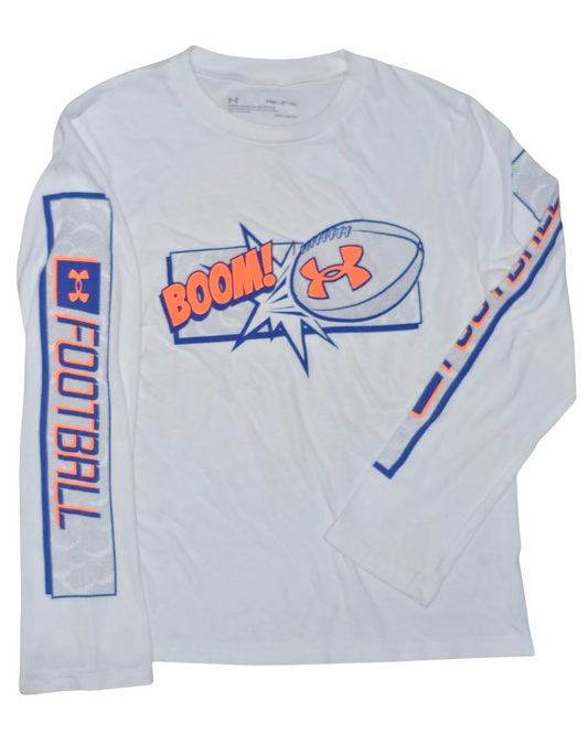 #89 Boys YSM Under Armour | Boom! Football! Long sleeve shirt - white VGUC