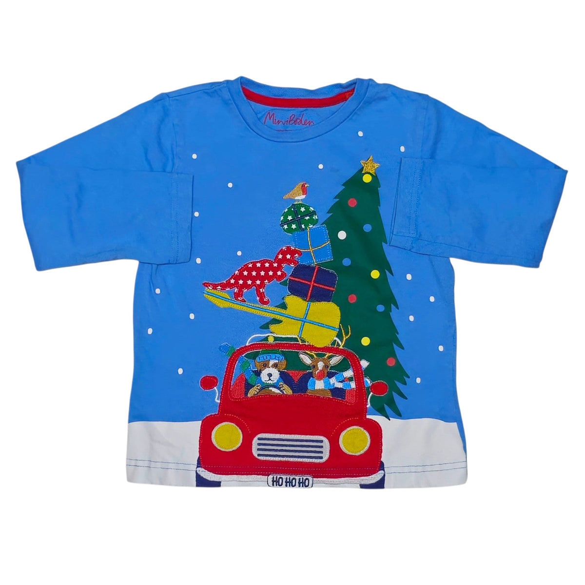 #89 Kids 4-5Y Boden | Embroidered Sleigh Christmas shirt - blue EUC