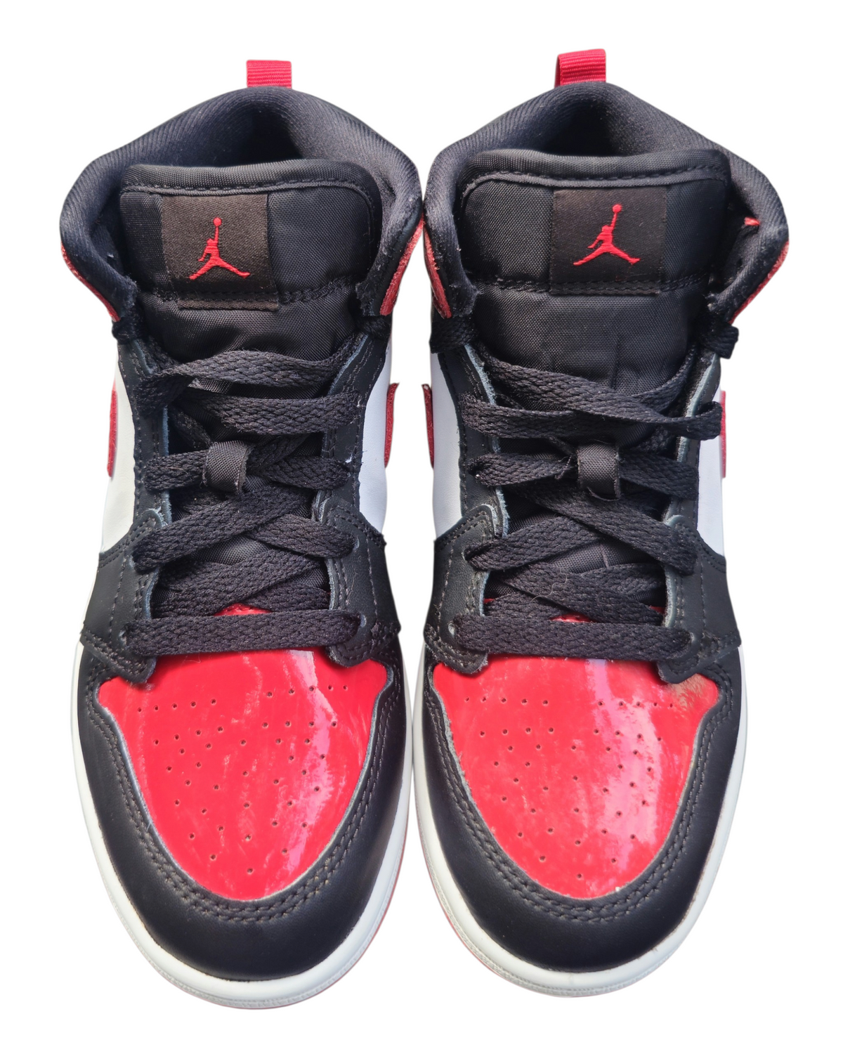 #89 Boys 2Y Nike | Air Jordan 1 Mid Patent leather Bred Toe GS - black/white/varsity red LIke New