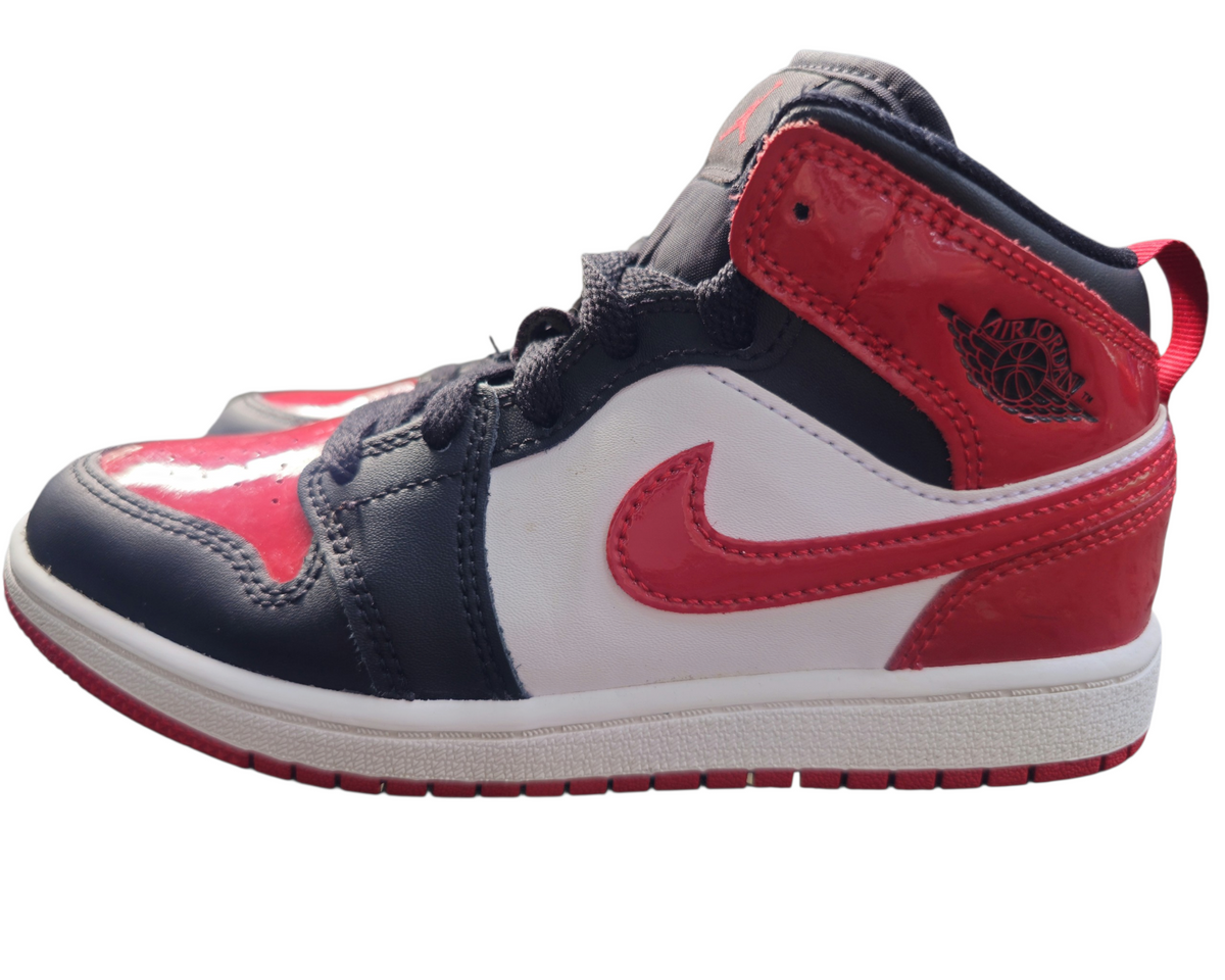 #89 Boys 2Y Nike | Air Jordan 1 Mid Patent leather Bred Toe GS - black/white/varsity red LIke New