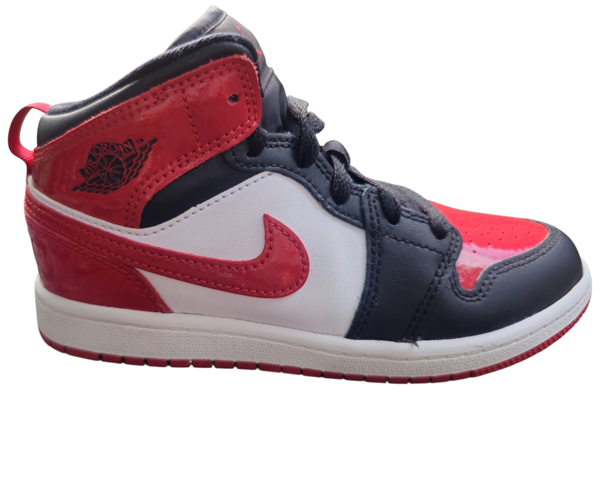 #89 Boys 2Y Nike | Air Jordan 1 Mid Patent leather Bred Toe GS - black/white/varsity red LIke New