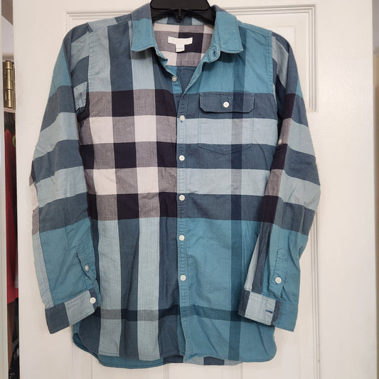 #142 Burberry Children 14Y Blue Exploded Check Button Down Shirt