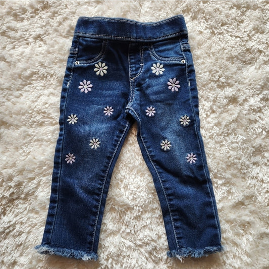 #142 Falls Creek Girls 12 Mth Pull On Embroidered Flowers Denim Jeans
