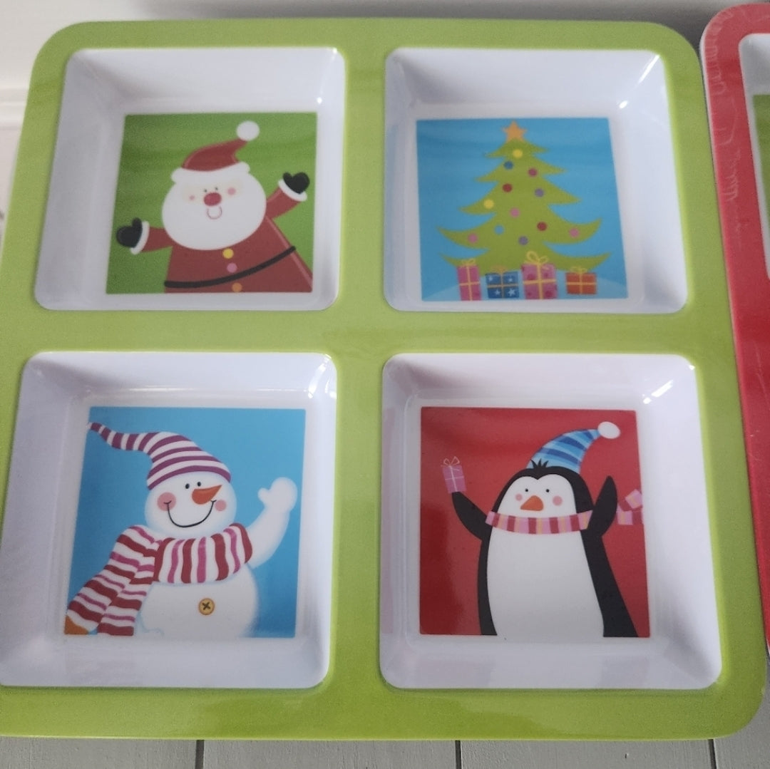 REDUCED #142 Christmas 4-Compartment Serving Tray Plate Bundle of 2