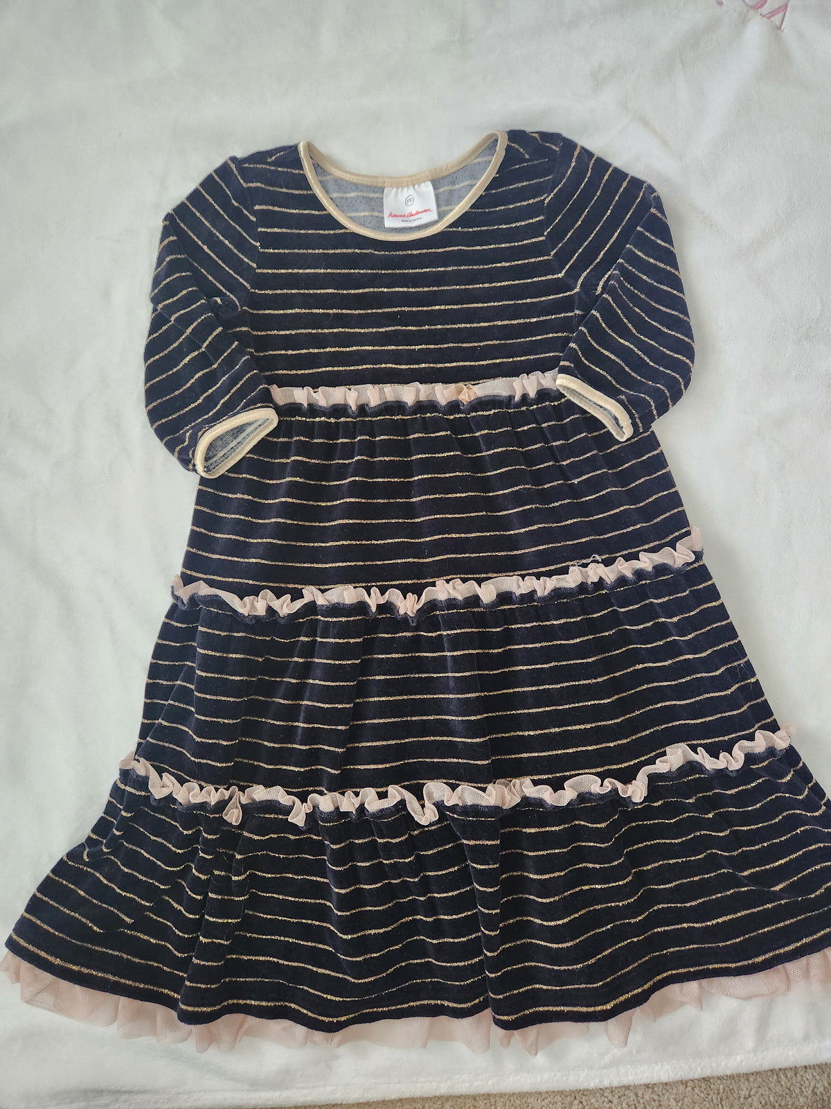 #167 Hanna Andersson 4T Black Gold Striped Tulle Twirl Tiered Velour Dress