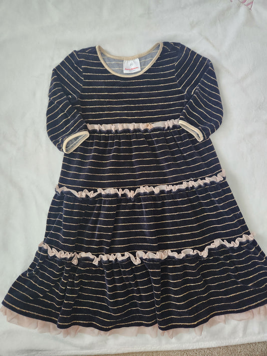 #167 Hanna Andersson 4T Black Gold Striped Tulle Twirl Tiered Velour Dress
