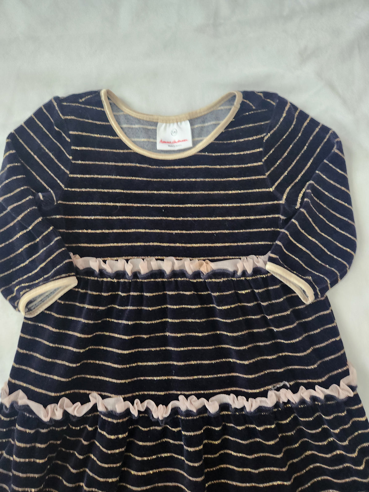 #167 Hanna Andersson 4T Black Gold Striped Tulle Twirl Tiered Velour Dress