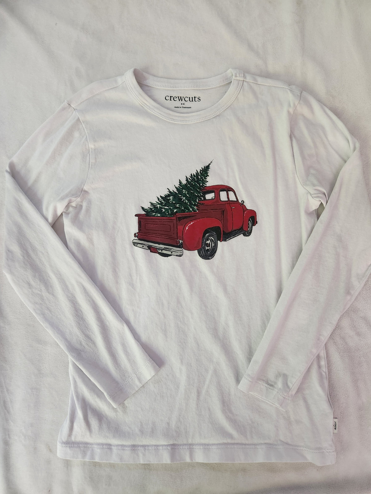 #167 Crewcuts 8/9 White Long-Sleeve Tee with Red Truck and Green Tree Christmas