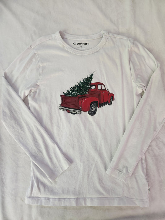 #167 Crewcuts 8/9 White Long-Sleeve Tee with Red Truck and Green Tree Christmas