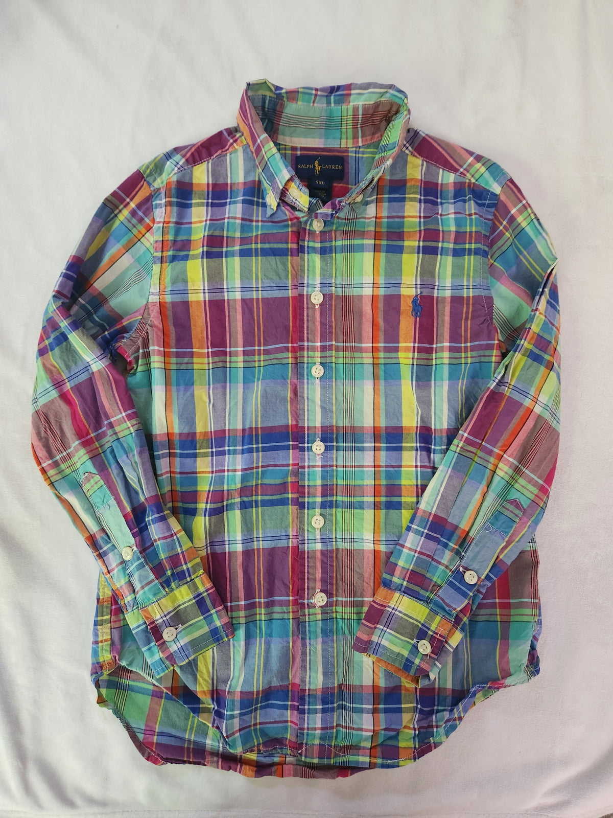 #167 Ralph Lauren Size 8 Bright Multicolor Plaid Cotton Button-Down Shirt
