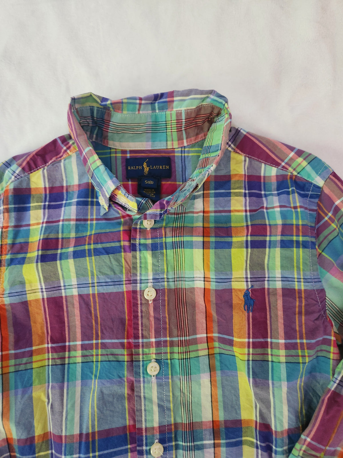 #167 Ralph Lauren Size 8 Bright Multicolor Plaid Cotton Button-Down Shirt