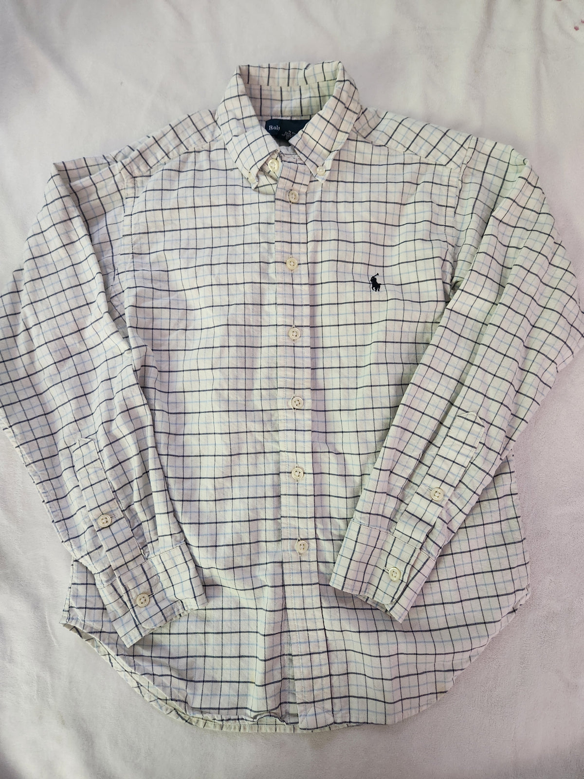 #167 Ralph Lauren Polo 8 White Button-Down Shirt with Navy Grid Checkered