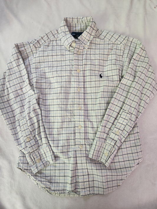 #167 Ralph Lauren Polo 8 White Button-Down Shirt with Navy Grid Checkered