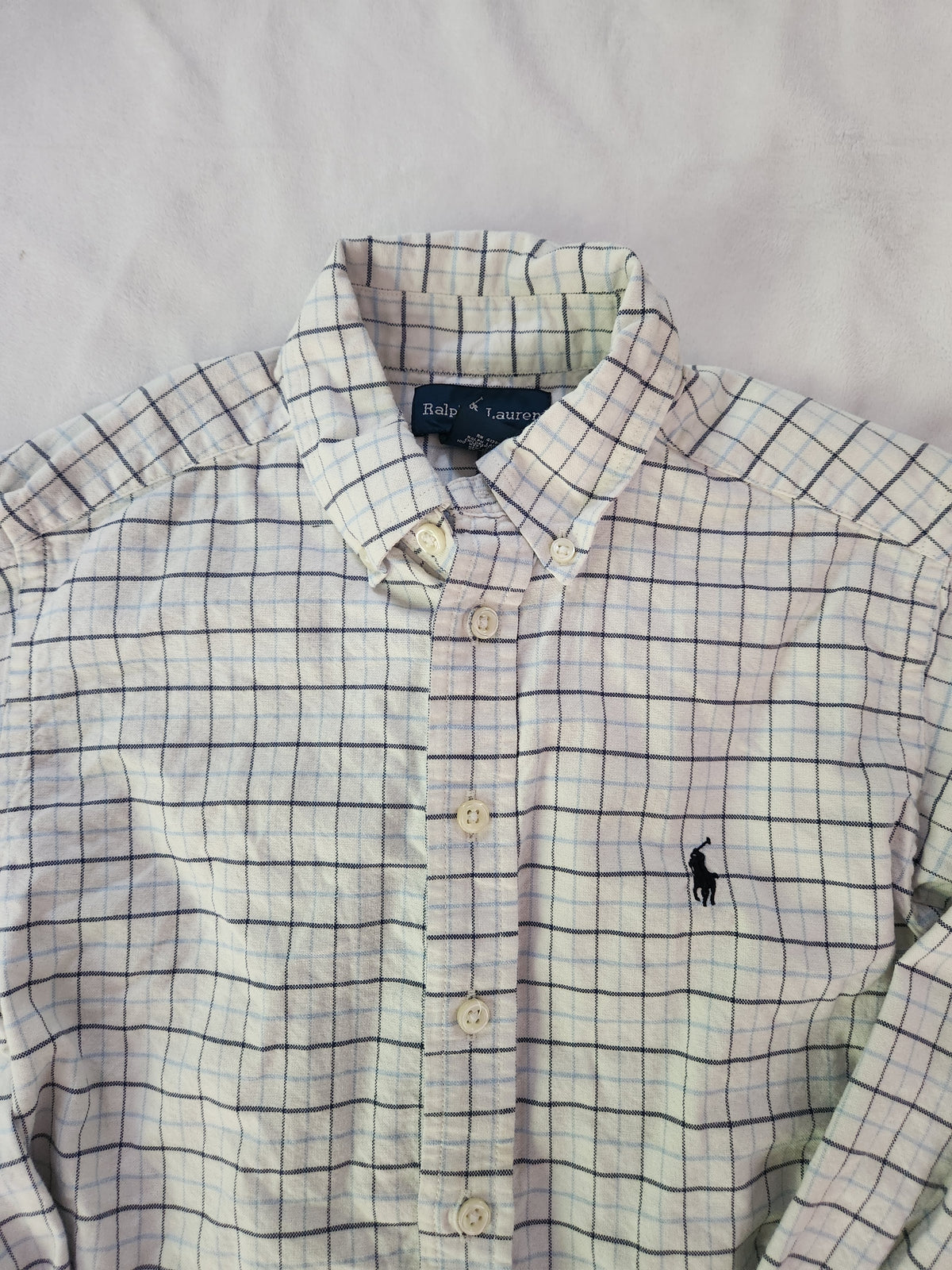 #167 Ralph Lauren Polo 8 White Button-Down Shirt with Navy Grid Checkered