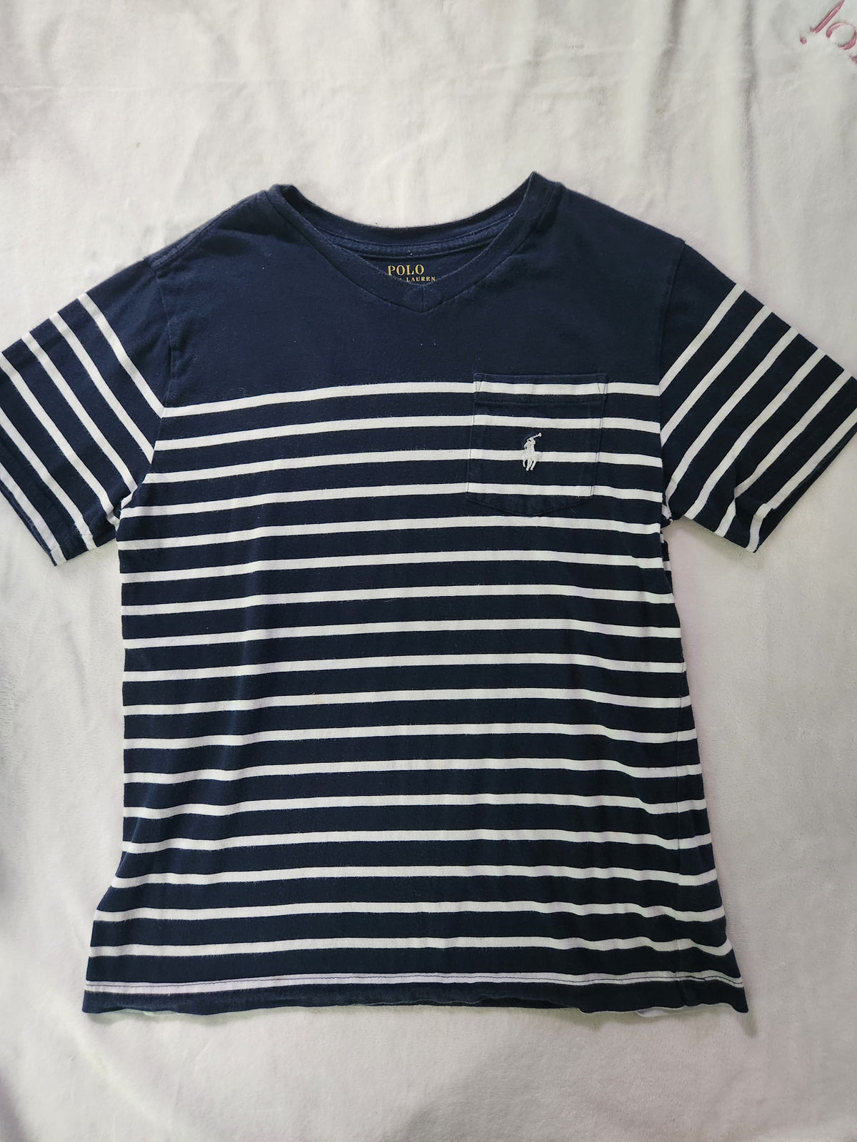 #167 Polo by Ralph Lauren Size 8 Navy & White Striped Pocket Tee