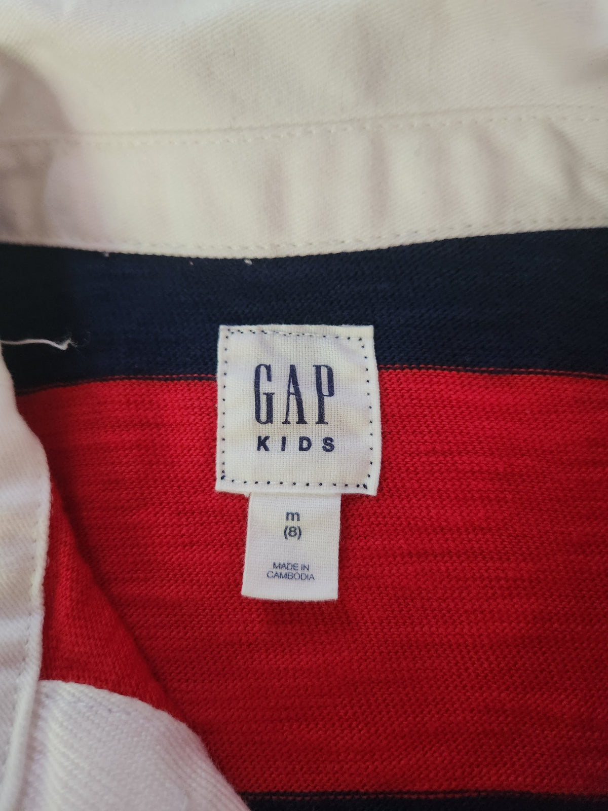 #167 GAP Kids Size 8 Red & Navy Striped Rugby Top with White Collar and '19' Patch