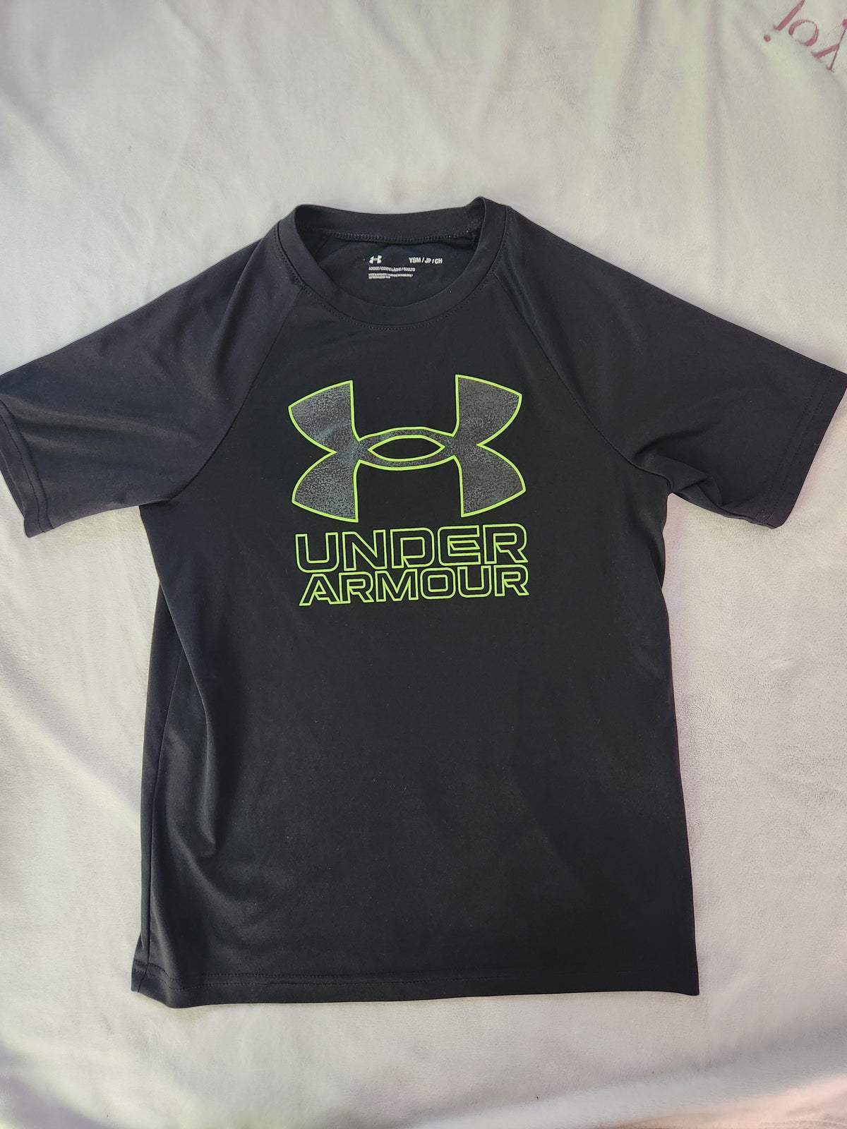 #167 Under Armour YS Small Black Tee with Neon Green Logo