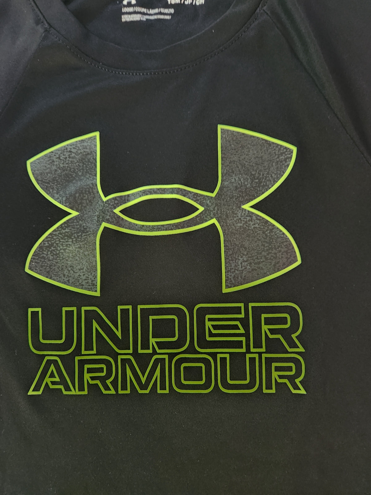 #167 Under Armour YS Small Black Tee with Neon Green Logo