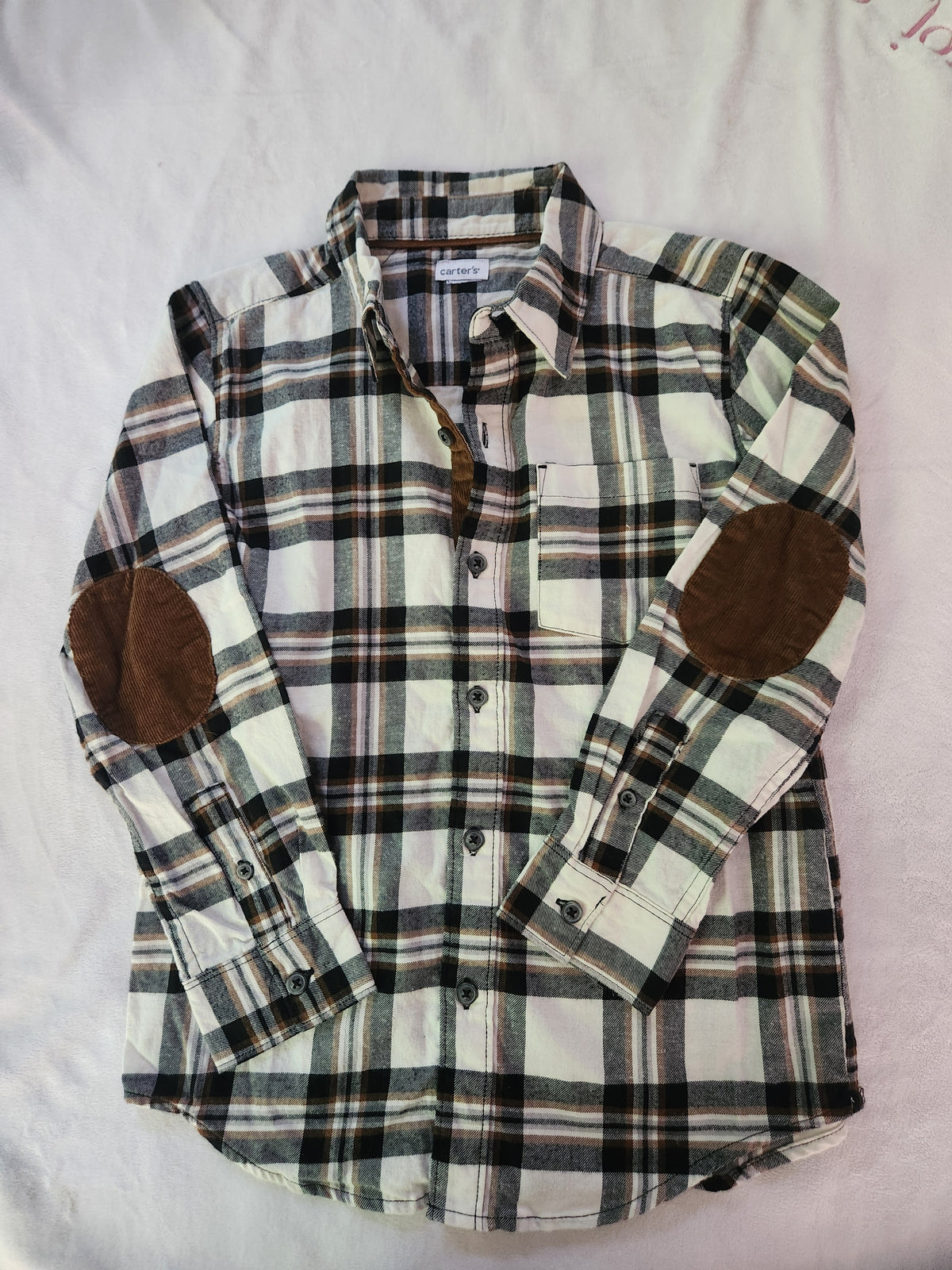 #167 Carter's Boys 7-8 Plaid Shirt with Brown Elbow Patches