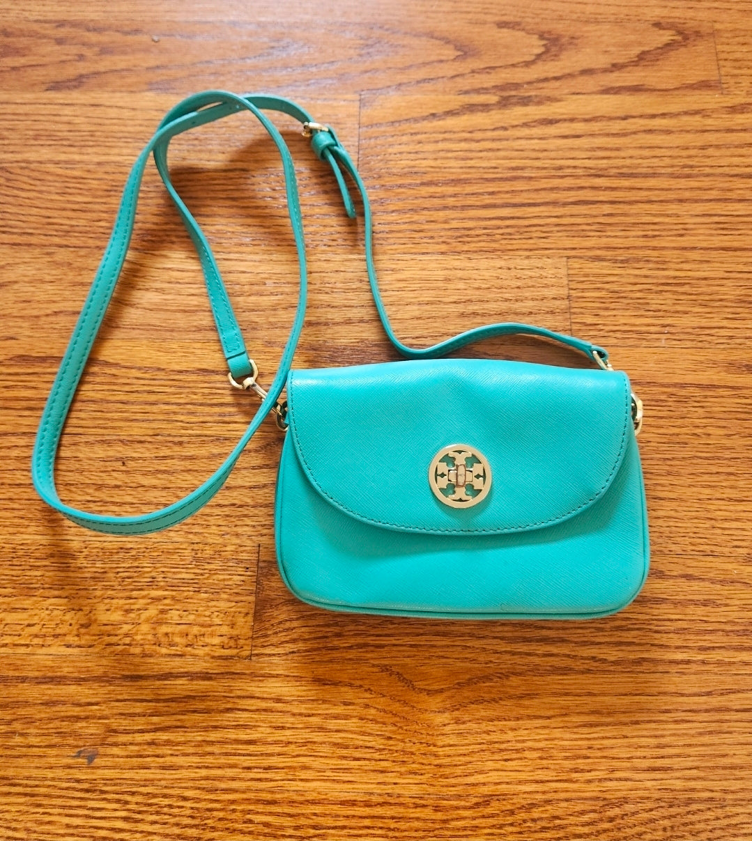 #167 Tory Burch Turquoise Teal Blue Leather Robinson Small Crossbody Bag