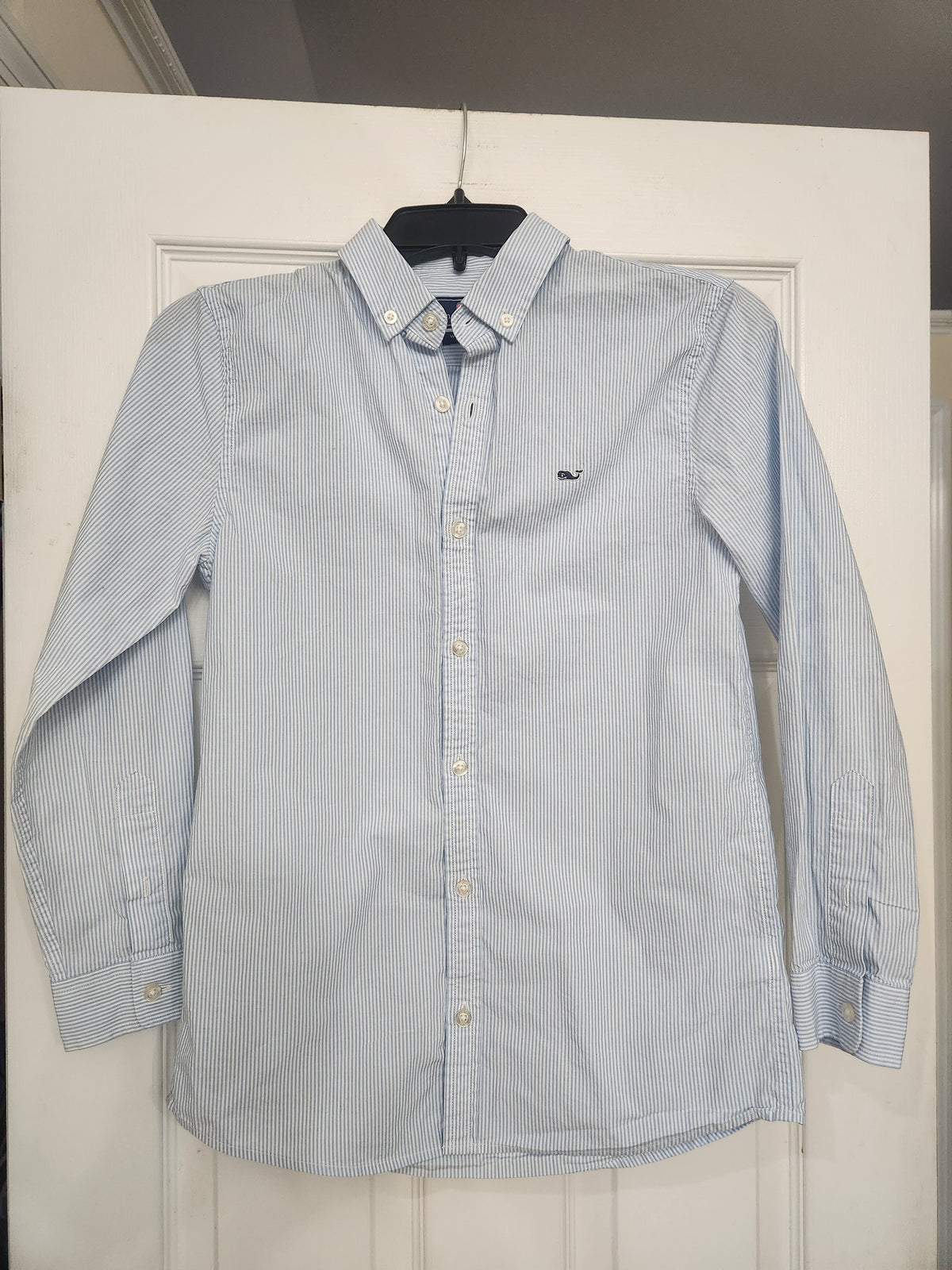 #167 Vineyard Vines Boys 12-14 Blue Pinstripe Whale Shirt Button Down
