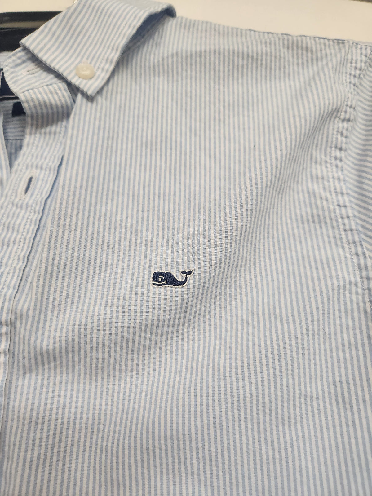 #167 Vineyard Vines Boys 12-14 Blue Pinstripe Whale Shirt Button Down