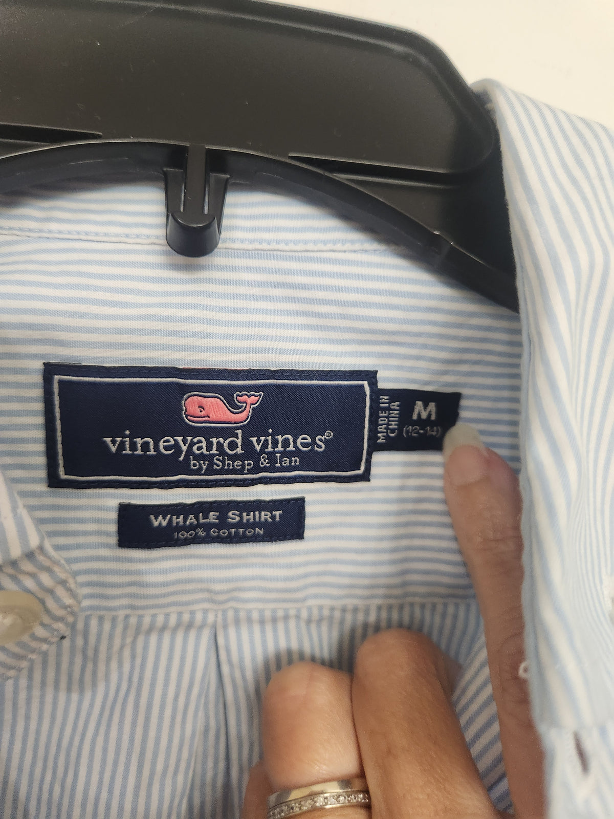 #167 Vineyard Vines Boys 12-14 Blue Pinstripe Whale Shirt Button Down