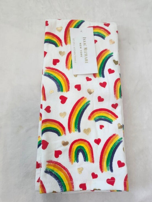 #167 NWT Isaac Mizrahi New York Rainbow & Heart Kitchen Towels Set Of 2
