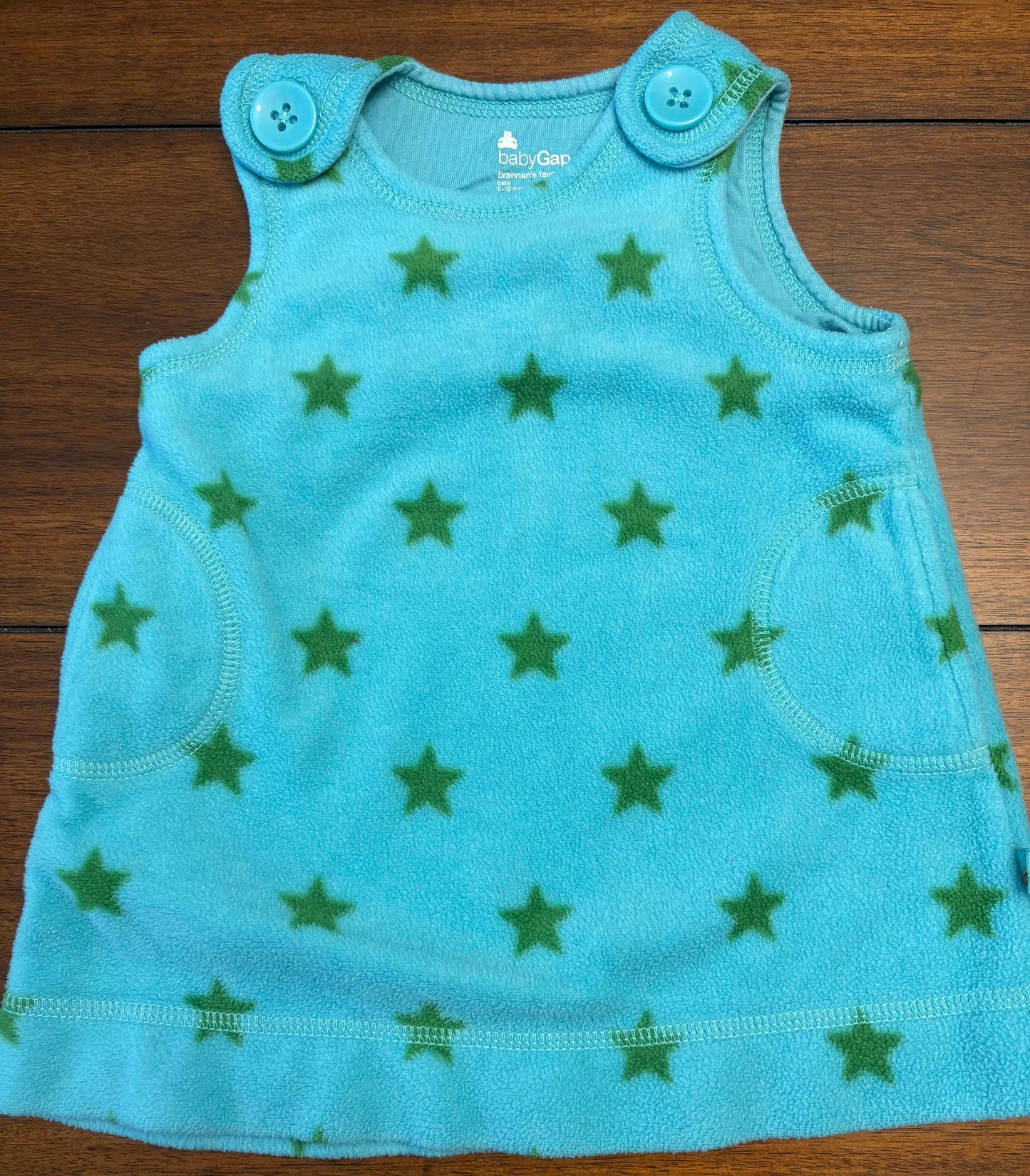 Seller #210 Baby Gap Girls Size 6-12M Aqua Fleece Jumper with Green Stars